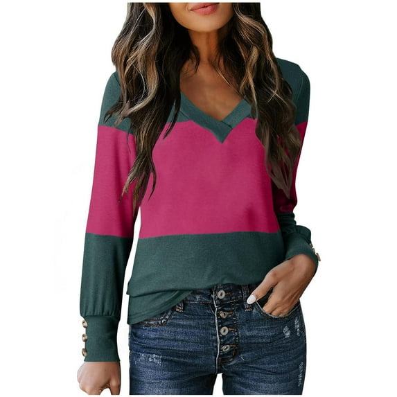 ZQGJB Fashion Color Block Sweatshirts for Women Lightweight Casual Plus Size V Neck Long Sleeve Fall Out Going T-Shirts Tops Loose Oversized Basic Pullover Blouse Green XXL