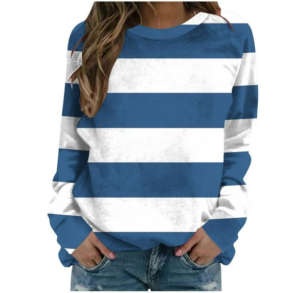 ZQGJB Fashion Crewneck Sweatshirts for Women Casual Striped Color Block Print Long Sleeve Graphic T-Shirts Loose Lightweight Comfy Pullover Tops Blue M