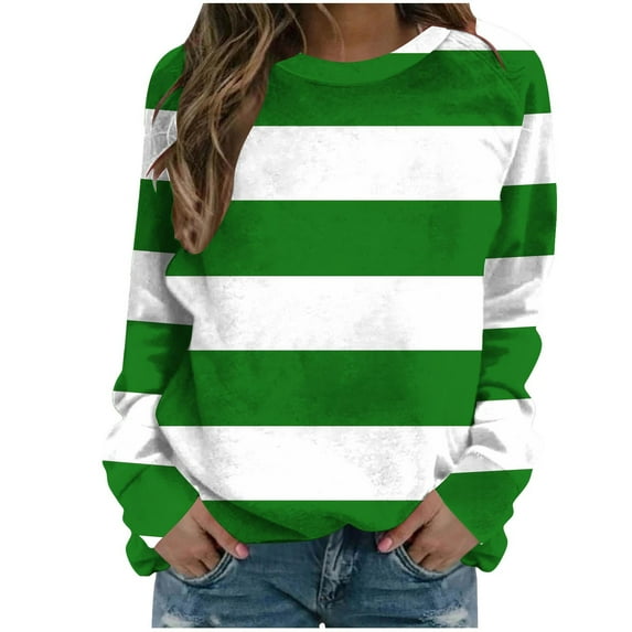ZQGJB Fashion Crewneck Sweatshirts for Women Casual Striped Color Block Print Long Sleeve Graphic T-Shirts Loose Lightweight Comfy Pullover Tops Green S