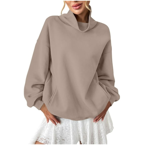 ZQGJB Fashion Sweatshirts for Women Long Sleeve Turtle Neck Solid Color Pullover Tops Loose Oversized Casual Basic Athletic Sweater T-Shirts Khaki XXL
