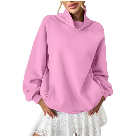 ZQGJB Fashion Sweatshirts for Women Long Sleeve Turtle Neck Solid Color Pullover Tops Loose Oversized Casual Basic Athletic Sweater T-Shirts Pink M