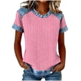 thumbnail image 1 of ZQGJB Fashion Womens Waffle Knit Tops Dressy Casual Striped Denim Patchwork Pullover Short Sleeve Crewneck T Shirt Business Work Splicing Blouse Pink M, 1 of 6