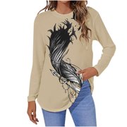 ZQGJB Feather Tops for Women Long Sleeve Vintage Graphic Crewneck Tees Shirt Loose Fit Western Shirts Lightweight Pullover Top Cozy Blouse Beige XL