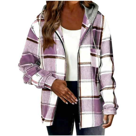 ZQGJB Flannel Plaid Shacket Jackets for Women Lightweight Casual Fall Long Sleeve Full Zip up Hoodie Outwear Tops Loose Oversized Drawstring Hooded Pullover Sweatshirts with Pockets Purple XXL