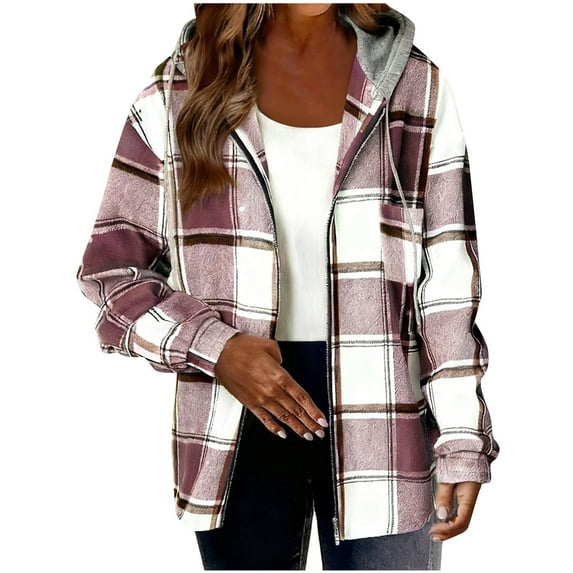 ZQGJB Flannel Plaid Shacket Jackets for Women Lightweight Casual Fall Long Sleeve Full Zip up Hoodie Outwear Tops Loose Oversized Drawstring Hooded Pullover Sweatshirts with Pockets Red XL