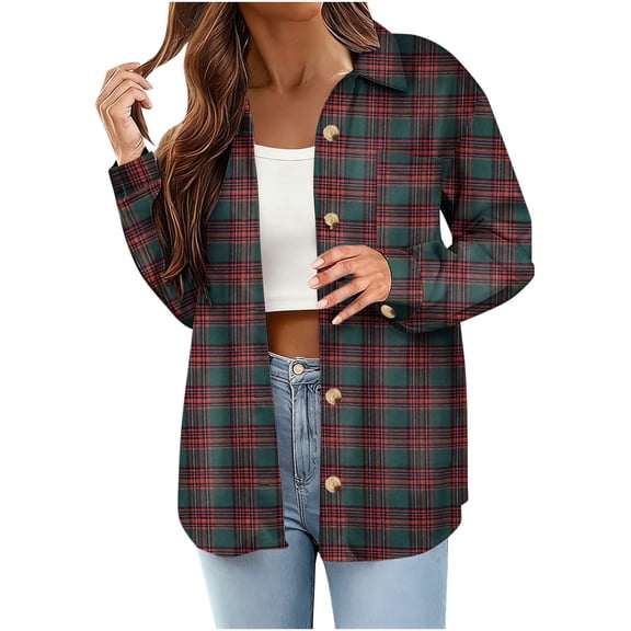 ZQGJB Flannel Plaid Shirt Women Lightweight Casual Button Down Long Sleeve Oversized Cotton Fitted Boyfriend Jacket Blouse Tops with Pockets Red#02 M