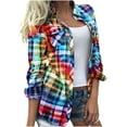 thumbnail image 1 of ZQGJB Flannel Shirt for Women Plaid Color Block Tops Cotton Buffalo Casual Blouses Long Sleeve Classic Button Classic Fit Shacket wit Pockets Multicolor S, 1 of 6