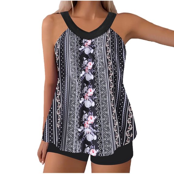 ZQGJB Flattering Swimsuits for Women Plus Size Stripe Color Block Flowy Tankini with Boy Shorts Tummy Control High Waisted Swimwear(Black,S)