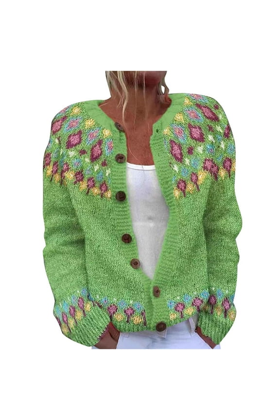 Floral Pattern Print Open Front Cardigan Sweaters for Women Plus Size Fall Winter Long Sleeve Cable Knit Hollow out Button Down Jacket Tops Loose Overszied Baggy Outwear Coat A-Green XXXL
