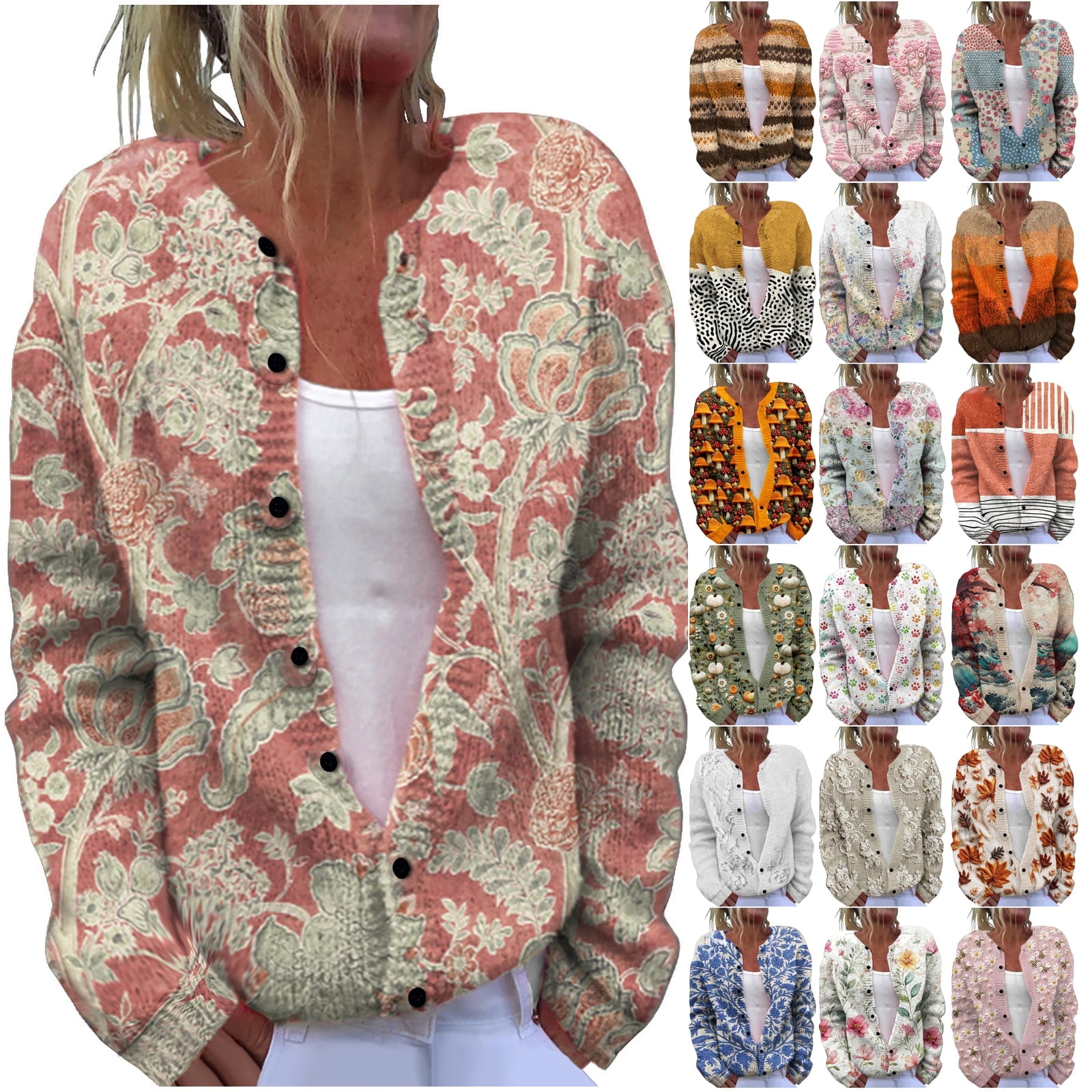 Elegant Jacquard Knit Cardigan Button Front Round Neck For Autumn Plus Size 3XL Women