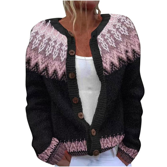 ZQGJB Floral Pattern Print Open Front Cardigan Sweaters for Women Plus Size Fall Winter Long Sleeve Cable Knit Hollow out Button Down Jacket Tops Loose Overszied Baggy Outwear Coat A-Pink#01 L