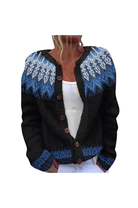 Floral Pattern Print Open Front Cardigan Sweaters for Women Plus Size Fall Winter Long Sleeve Cable Knit Hollow out Button Down Jacket Tops Loose Overszied Baggy Outwear Coat A-Blue M