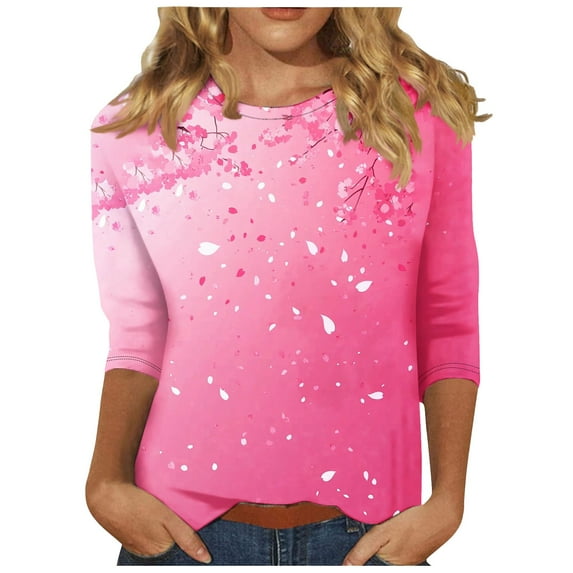 ZQGJB Floral Shirts for Women Plus Size Womens Cute 3/4 Length Sleeve Crewneck Tunic Blouse Loose Oversized Soft Cotton Graphic Workout Tees Shirt Tops Multicolor#09 S