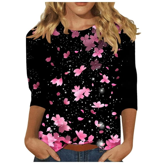 ZQGJB Floral Shirts for Women Plus Size Womens Cute 3/4 Length Sleeve Crewneck Tunic Blouse Loose Oversized Soft Cotton Graphic Workout Tees Shirt Tops Multicolor#12 XL