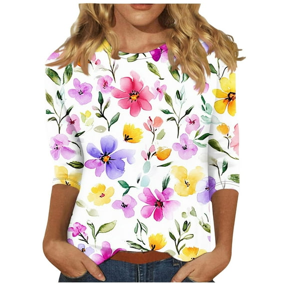 ZQGJB Floral Shirts for Women Plus Size Womens Cute 3/4 Length Sleeve Crewneck Tunic Blouse Loose Oversized Soft Cotton Graphic Workout Tees Shirt Tops Multicolor#03 XXXXL