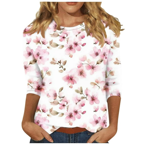 ZQGJB Floral Shirts for Women Plus Size Womens Cute 3/4 Length Sleeve Crewneck Tunic Blouse Loose Oversized Soft Cotton Graphic Workout Tees Shirt Tops Multicolor#01 XXXL