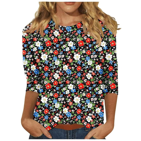 ZQGJB Floral Shirts for Women Plus Size Womens Cute 3/4 Length Sleeve Crewneck Tunic Blouse Loose Oversized Soft Cotton Graphic Workout Tees Shirt Tops Multicolor#06 XL