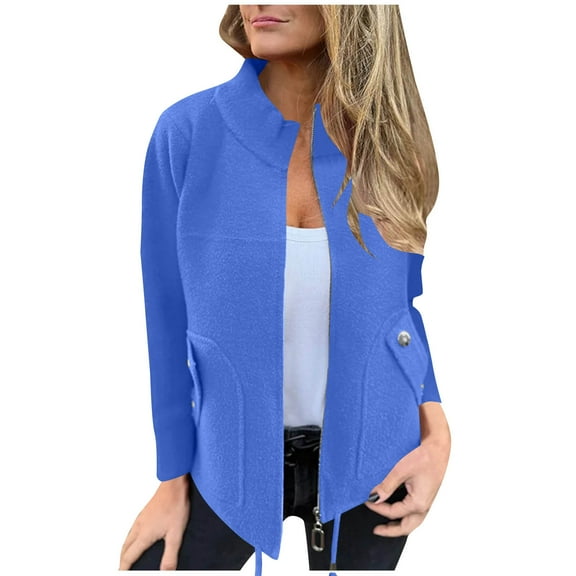 ZQGJB Full Zip up Blazer Jackets for Women Casual Wool Blend Knitted Long Sleeve Cardigan Outwear Coat Fall Winter Warm Mock Neck Pullover Tops with Pockets Blue XXL