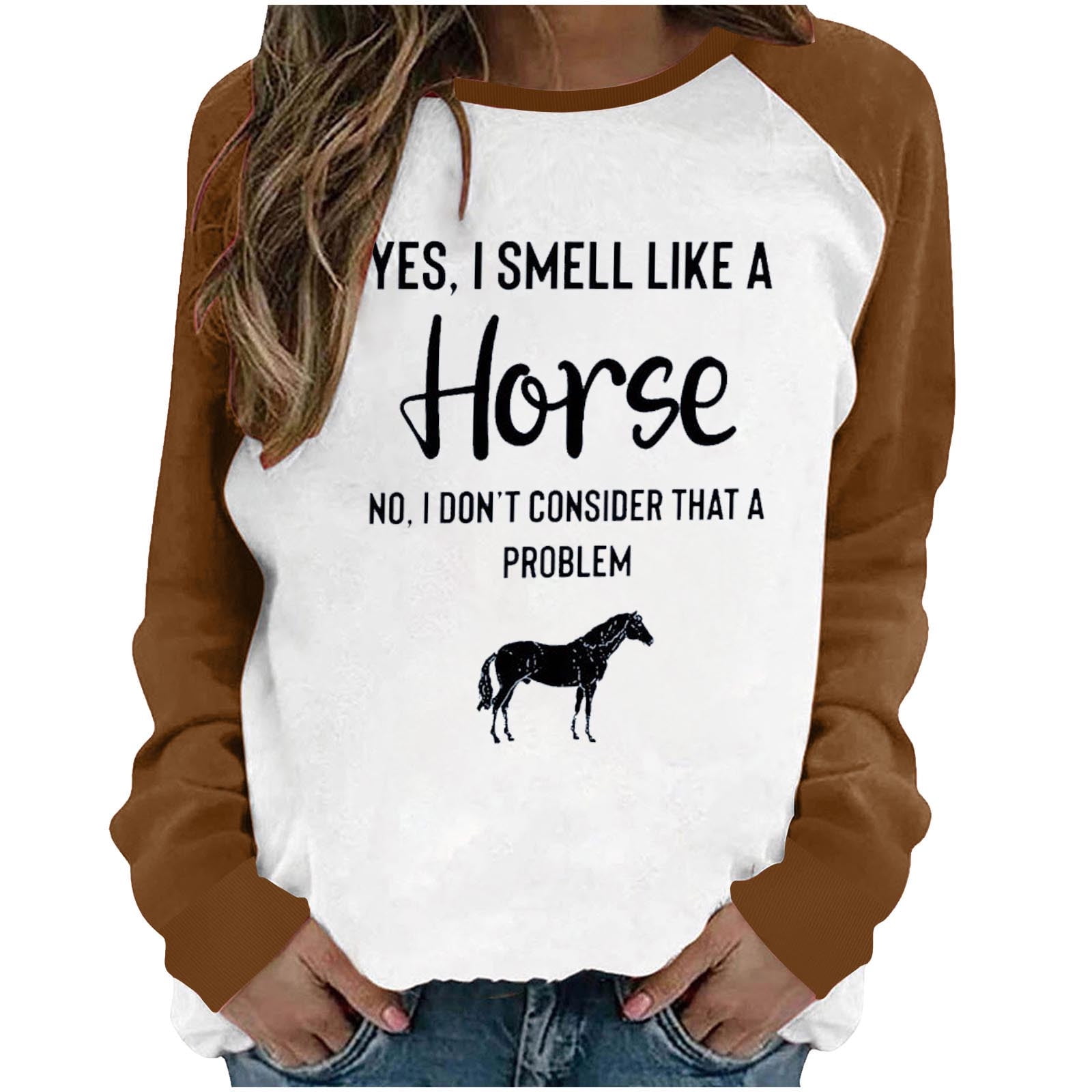 ZQGJB Funny Horse Print Sweatshirts for Women Casual Graphic Long Sleeve Pullover Tops Trendy Comfy Blouse Splicing Leisure T Shirts Black S