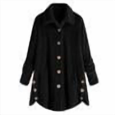 ZQGJB Fuzzy Fleece Button Down Jacket for Women Oversized Fall Winter Plush Thick Warm Long Sleeve Sherpa Cardigan Coat Side Slit Loungewear Tops Black M