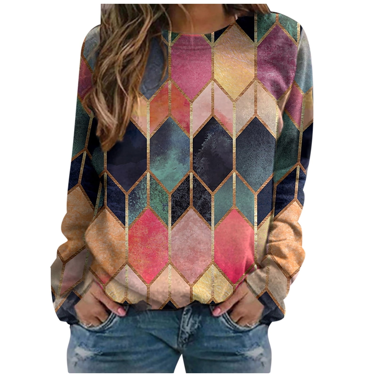 ZQGJB Geometric Sweatshirts for Women Vintage Graphic Long Sleeve