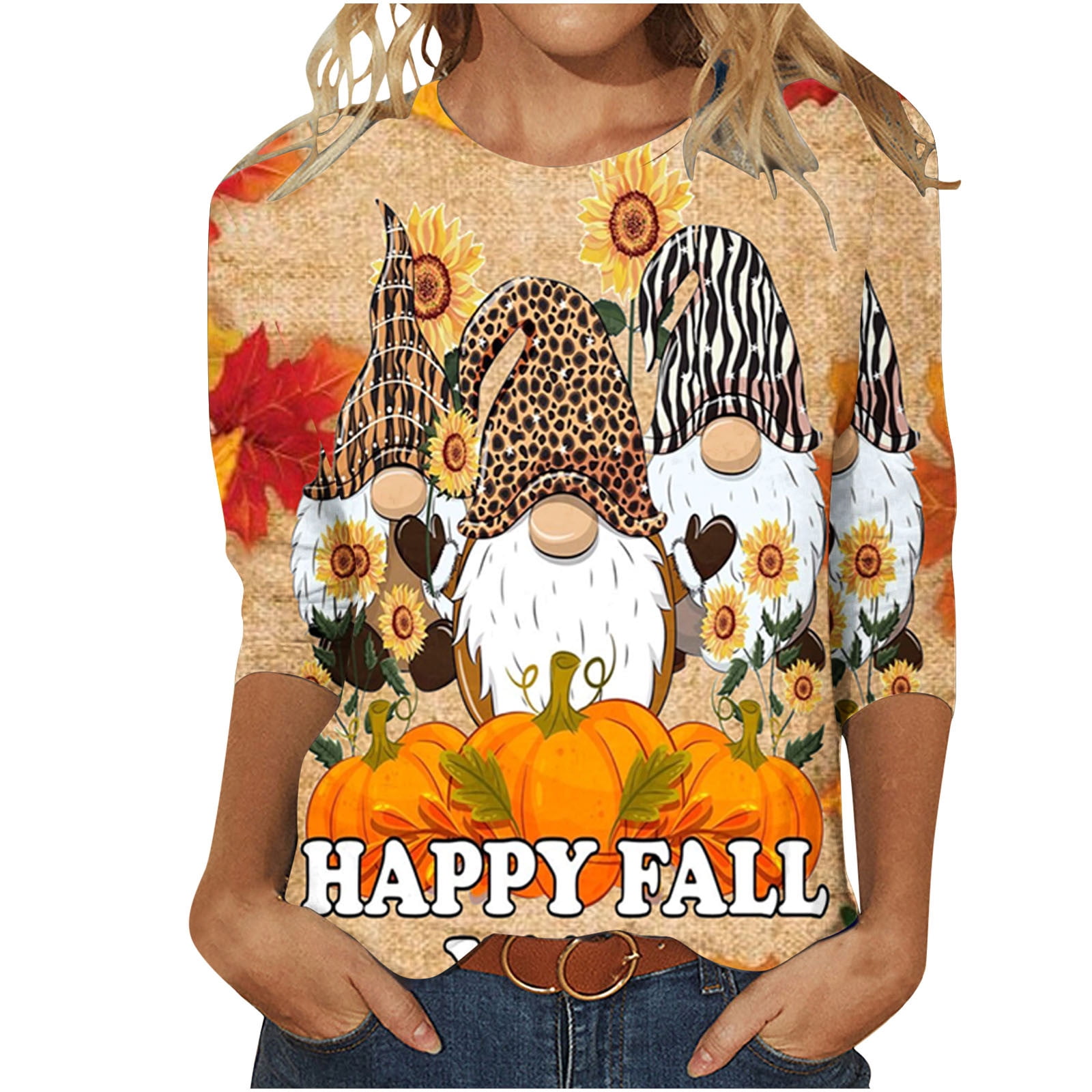 ZQGJB Happy Fall Shirts for Women Halloween Thanksgiving 3/4 Length