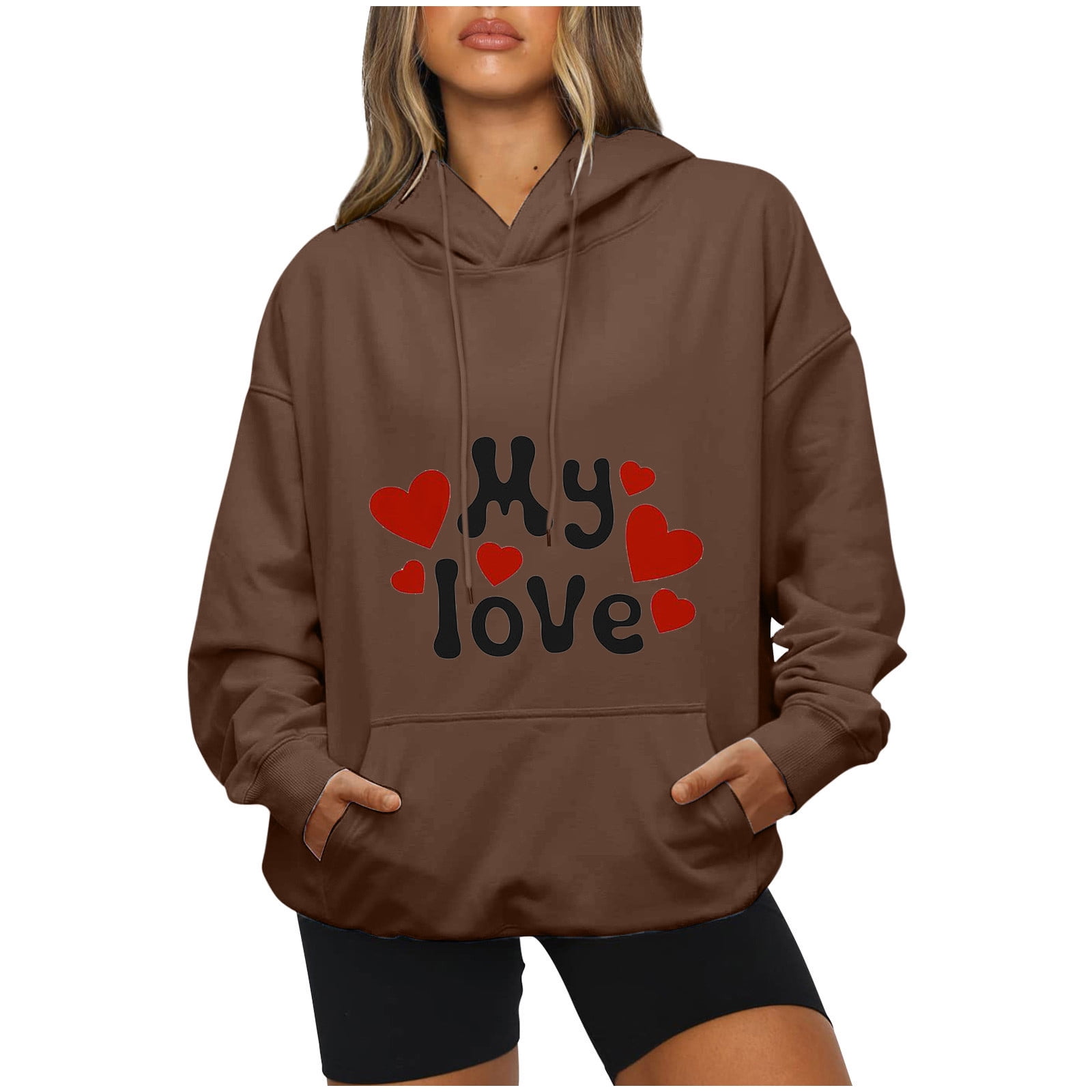 ZQGJB Happy Valentine Day Women Hoodie Tops Cute Love Heart Pattern Graphic  Long Sleeve Drawstring Hooded Pullover Sweatshirts with  Pockets(Khaki#03,XL) 