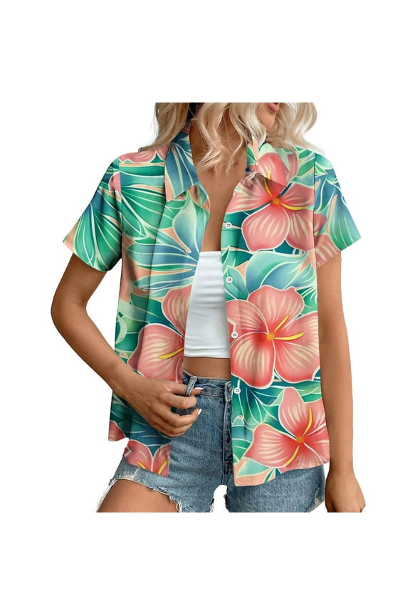 Hawaiian Beach Shirts for Women Plus Size Casual Summer Tropical Palm Tree Print Short Sleeve Button Down Graphic T-Shirts Trendy Holiday Vacation Tops with Pockets Multicolor#08 L