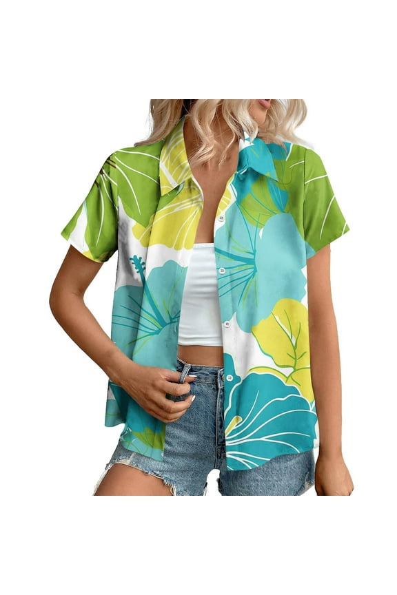 Hawaiian Beach Shirts for Women Plus Size Casual Summer Tropical Palm Tree Print Short Sleeve Button Down Graphic T-Shirts Trendy Holiday Vacation Tops with Pockets Multicolor#07 XXL