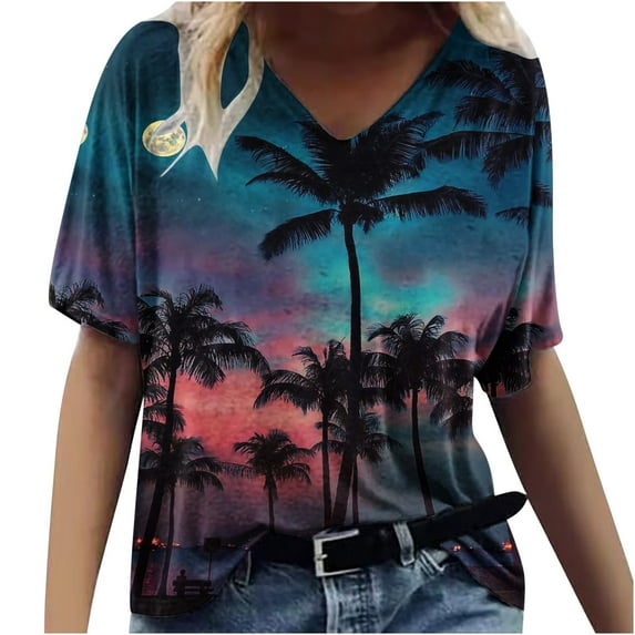 ZQGJB Hawaiian Beach Shirts for Women Summer Short Sleeve Casual Tropical Sunset Palm Tree Graphic Tshirt Tops Loose Ligthweight Holiday Shirt Beach Blouse Blue XL
