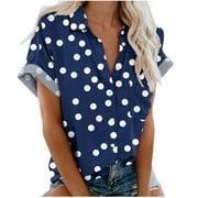 ZQGJB Hawaiian Shirts for Women Casual Summer Short Sleeve Floral Pattern Print Button V Neck Graphic Tees Shirt Loose Fit Oversized Tshirt Tops Blue M