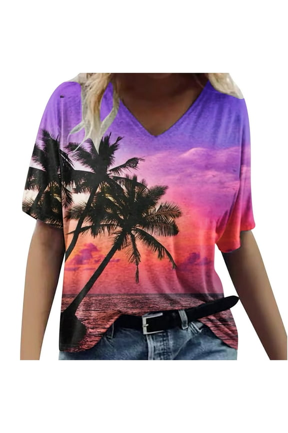 Hawaiian Shirts for Women Trendy Summer Tropical Palm Tree Graphic Short Sleeev Casual V Neck Tee Shirt Top Loose Baggy Tshirt Blouse Z01-Hot Pink L