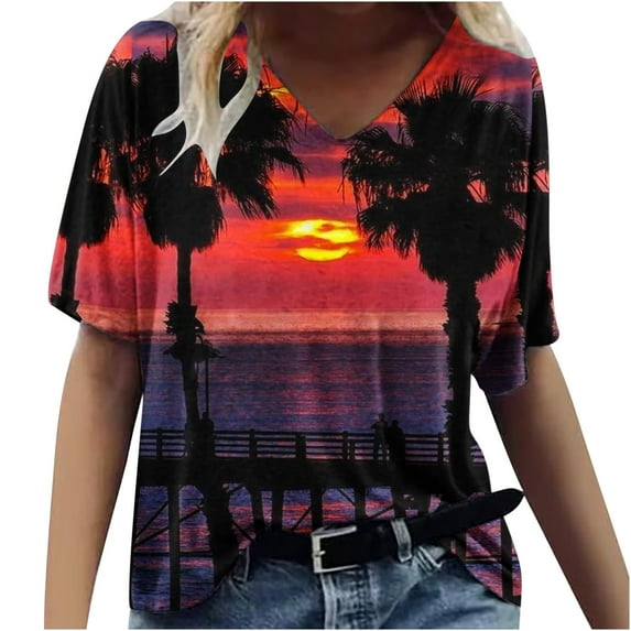 ZQGJB Hawaiian Shirts for Women Trendy Summer Tropical Palm Tree Graphic Short Sleeev Casual V Neck Tee Shirt Top Loose Baggy Tshirt Blouse Z01-Red XXL