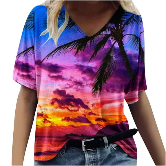 ZQGJB Hawaiian Shirts for Women Trendy Summer Tropical Palm Tree Graphic Short Sleeev Casual V Neck Tee Shirt Top Loose Baggy Tshirt Blouse Z02-Hot Pink XL