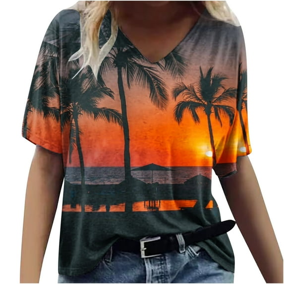 ZQGJB Hawaiian Shirts for Women Trendy Summer Tropical Palm Tree Graphic Short Sleeev Casual V Neck Tee Shirt Top Loose Baggy Tshirt Blouse Z02-Orange L