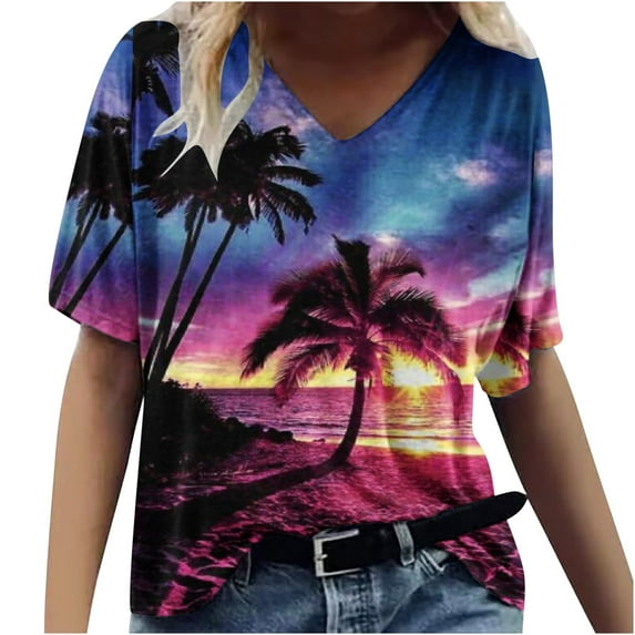ZQGJB Hawaiian Shirts for Women Trendy Summer Tropical Palm Tree Graphic Short Sleeev Casual V Neck Tee Shirt Top Loose Baggy Tshirt Blouse Z03-Blue S