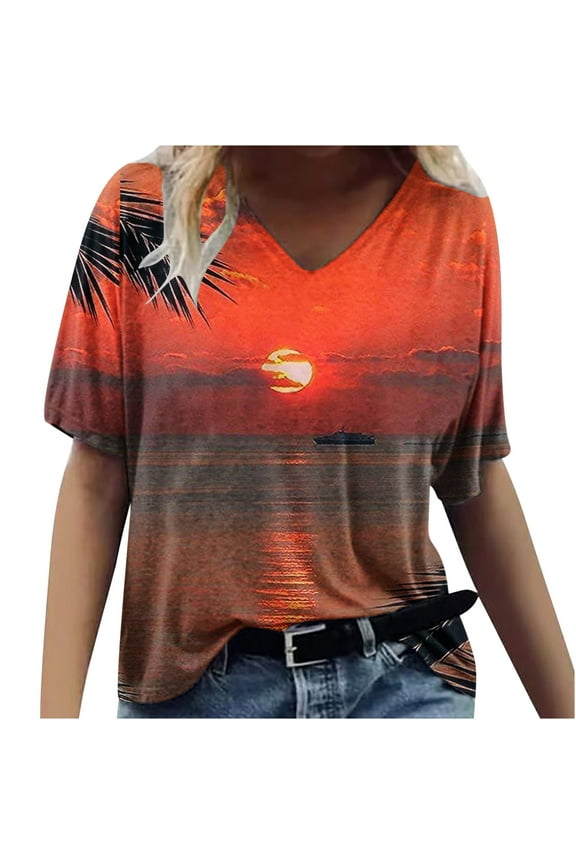 Hawaiian Shirts for Women Trendy Summer Tropical Palm Tree Graphic Short Sleeev Casual V Neck Tee Shirt Top Loose Baggy Tshirt Blouse Z03-Orange XL