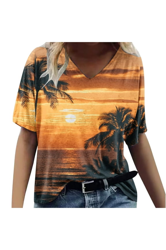 Hawaiian Shirts for Women Trendy Summer Tropical Palm Tree Graphic Short Sleeev Casual V Neck Tee Shirt Top Loose Baggy Tshirt Blouse Z03-Yellow L