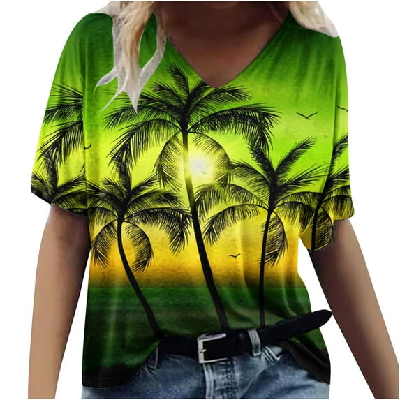 ZQGJB Hawaiian Shirts for Women Trendy Summer Tropical Palm Tree Graphic Short Sleeev Casual V Neck Tee Shirt Top Loose Baggy Tshirt Blouse Z07-Green XXL