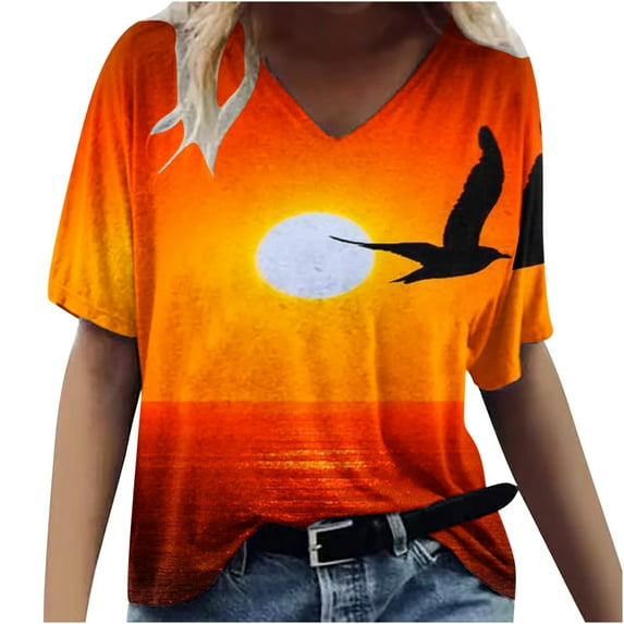ZQGJB Hawaiian Shirts for Women Trendy Summer Tropical Palm Tree Graphic Short Sleeev Casual V Neck Tee Shirt Top Loose Baggy Tshirt Blouse Z07-Orange XL