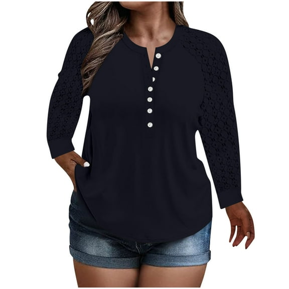 ZQGJB Henley Shirts for Women Casual Lace Crochet Eylelot Hollow out Patchwork Long Sleeve Half Button V Neck Tunic Tops Loose Oversized Casual Dressy Pullover Blouse Dark Blue XXXL