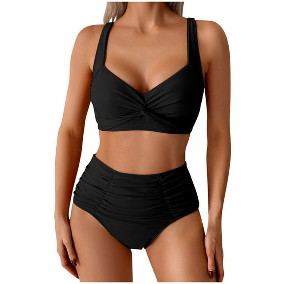 ZQGJB High Waisted Bikini Sets for Women Twist Front Tie Back 2 Piece Bathing Suit Sexy V Neck Ruched Swimsuits Bikinis(Black,M)