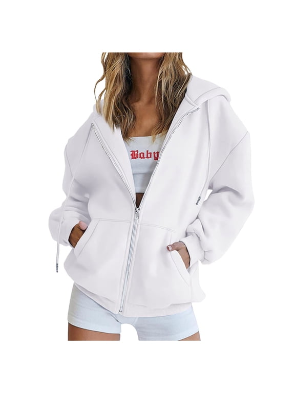 Long Sleeve Zip Up Thin Jacket for Women Loose Workout Hoodie Pullover Tops with Pocket Lightweight Casual V Neck Drawstring Hooded Sweatshirts(White,S)