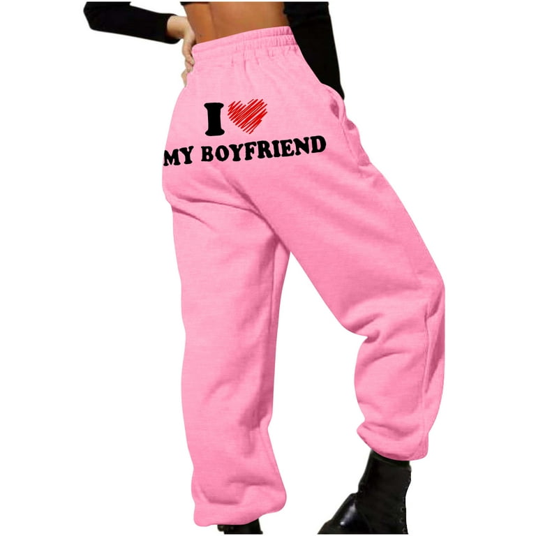 ZQGJB I Love My Boyfriend Sweatpants Baggy High Waist Cinch Bottom Straight  Leg Workout Trousers Funny Letter Print Jogger Pants with Pockets
