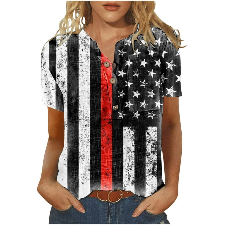 Zqgjb Independence Day Patriotic Shirts for Women Cute Summer Short Sleeve American Flag Pattern Graphic Button Down T-shirts Trendy Holiday Gifts