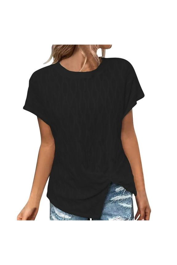 Irregular Front Twist Side Slit Hem Blouse for Women Casual Summer Short Sleeve Pineapple Print Round Neck Cable Knitted Comfy Tees Shirt Tops Black M