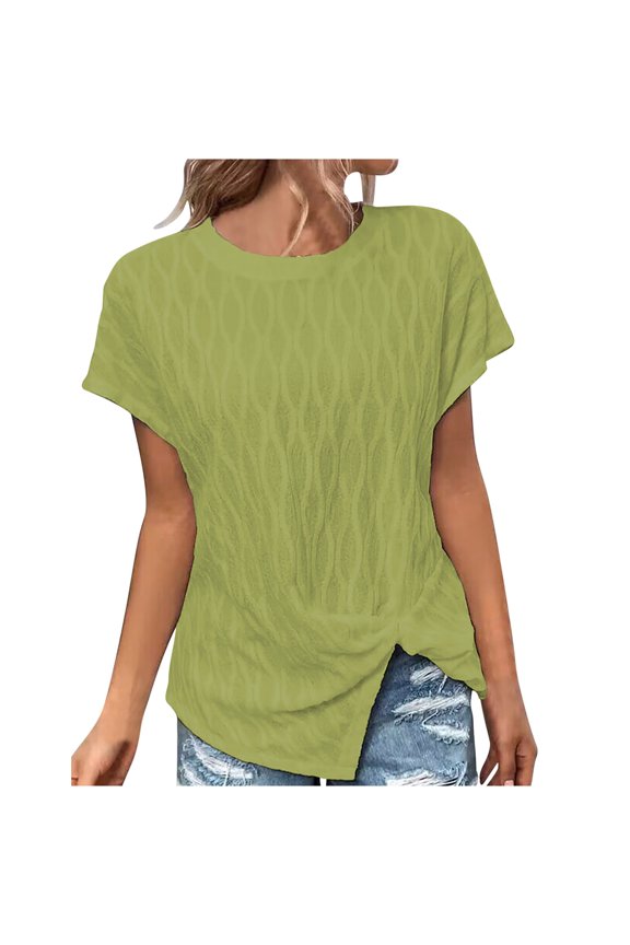 Irregular Front Twist Side Slit Hem Blouse for Women Casual Summer Short Sleeve Pineapple Print Round Neck Cable Knitted Comfy Tees Shirt Tops Green M