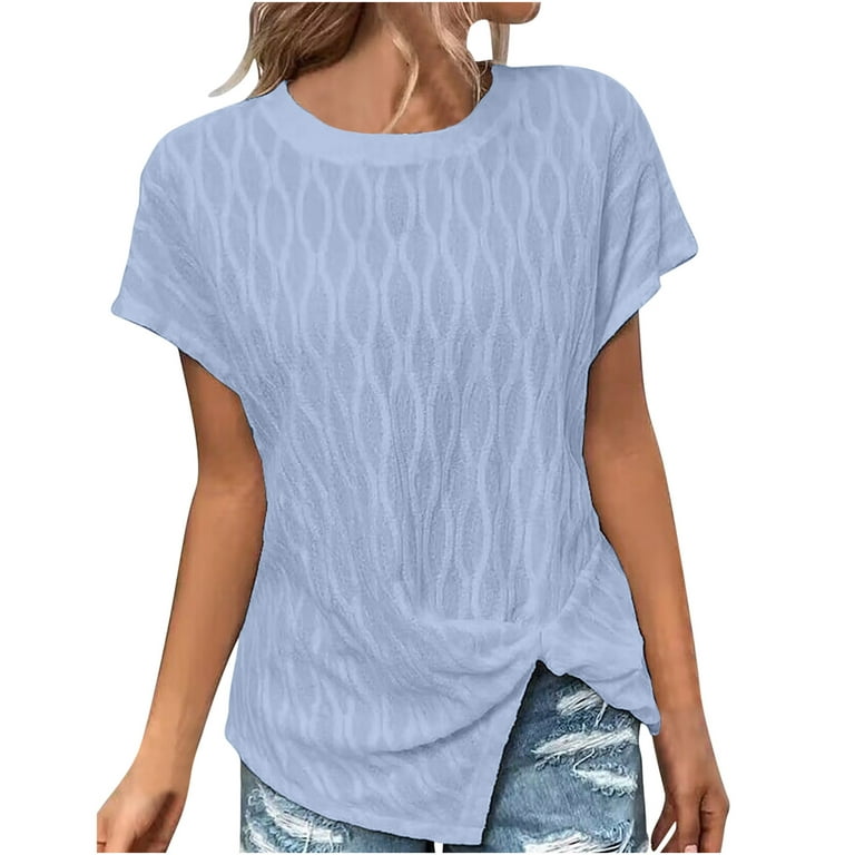 ZQGJB Irregular Front Twist Side Slit Hem Blouse for Women Casual Summer  Short Sleeve Pineapple Print Round Neck Cable Knitted Comfy Tees Shirt Tops