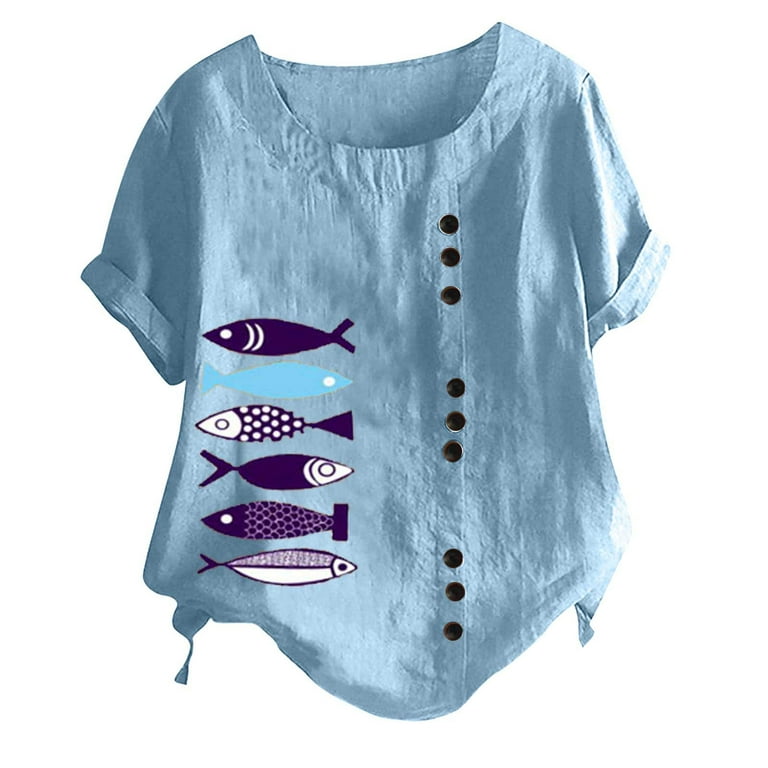 ZQGJB Leisure T Shirts for Women Cotton Linen Short Sleeve Fish Print  Casual Button Down Oversized Tshirt Top Loose Regular Fit Comfy Pullover  Blouse Blue M 