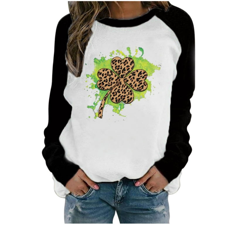ZQGJB Leopard Shamrock Graphic Pullover Sweatshirts for Women St. Patrick's  Day Holiday T-Shirts Casual Long Sleeve Splicing Tops Soft Cotton  Blouse(Black,XL) 